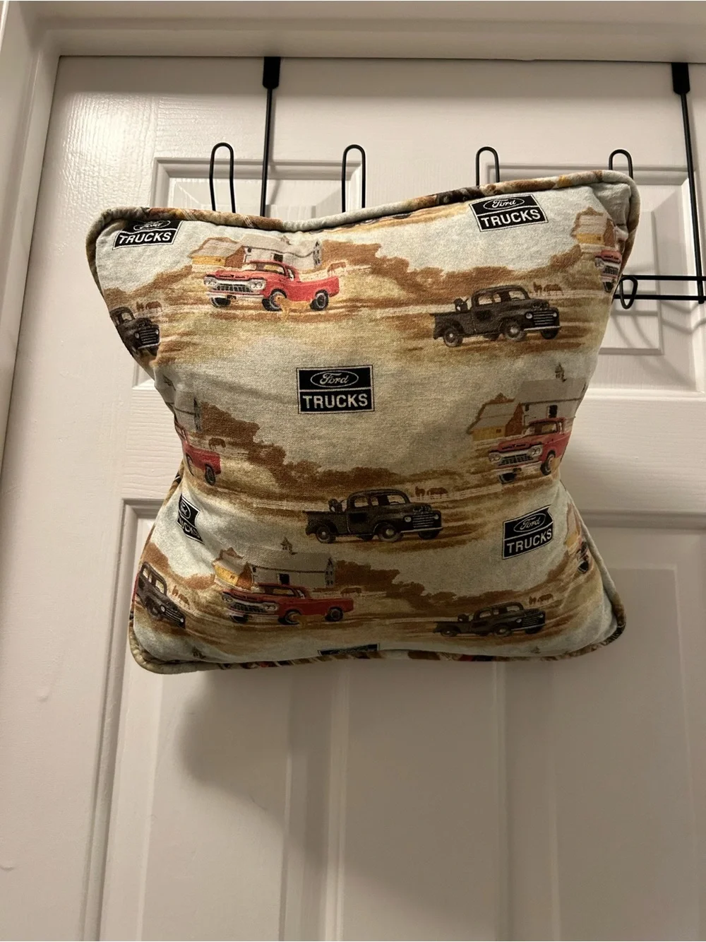 Source Unknown Beige and Red Ford Trucks Accent Pillow